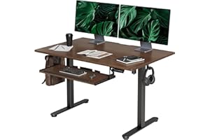 INNOVAR Electric Standing Desk, Solid Wood Adjustable Desk with Keyboard Tray, 48×24 Inch Stand up Home Office Desk with Whole-Piece Board, Black Frame/Espresso Top