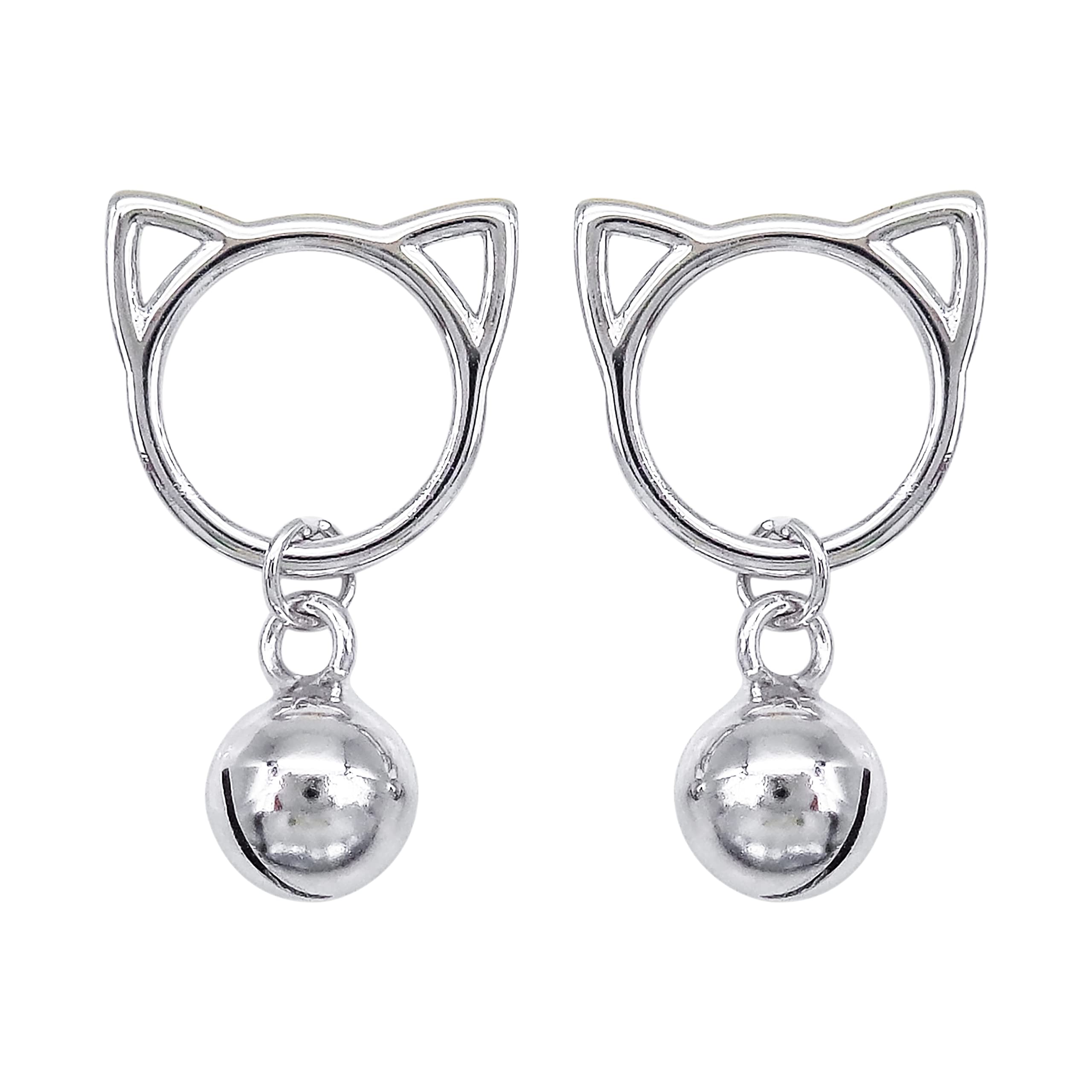 Hiqmic 925 Sterling Silver Cute Cat Head Jingle Bell Earrings Ear Stud White Gold Plated Jewellery Gift, WA90007-Silver