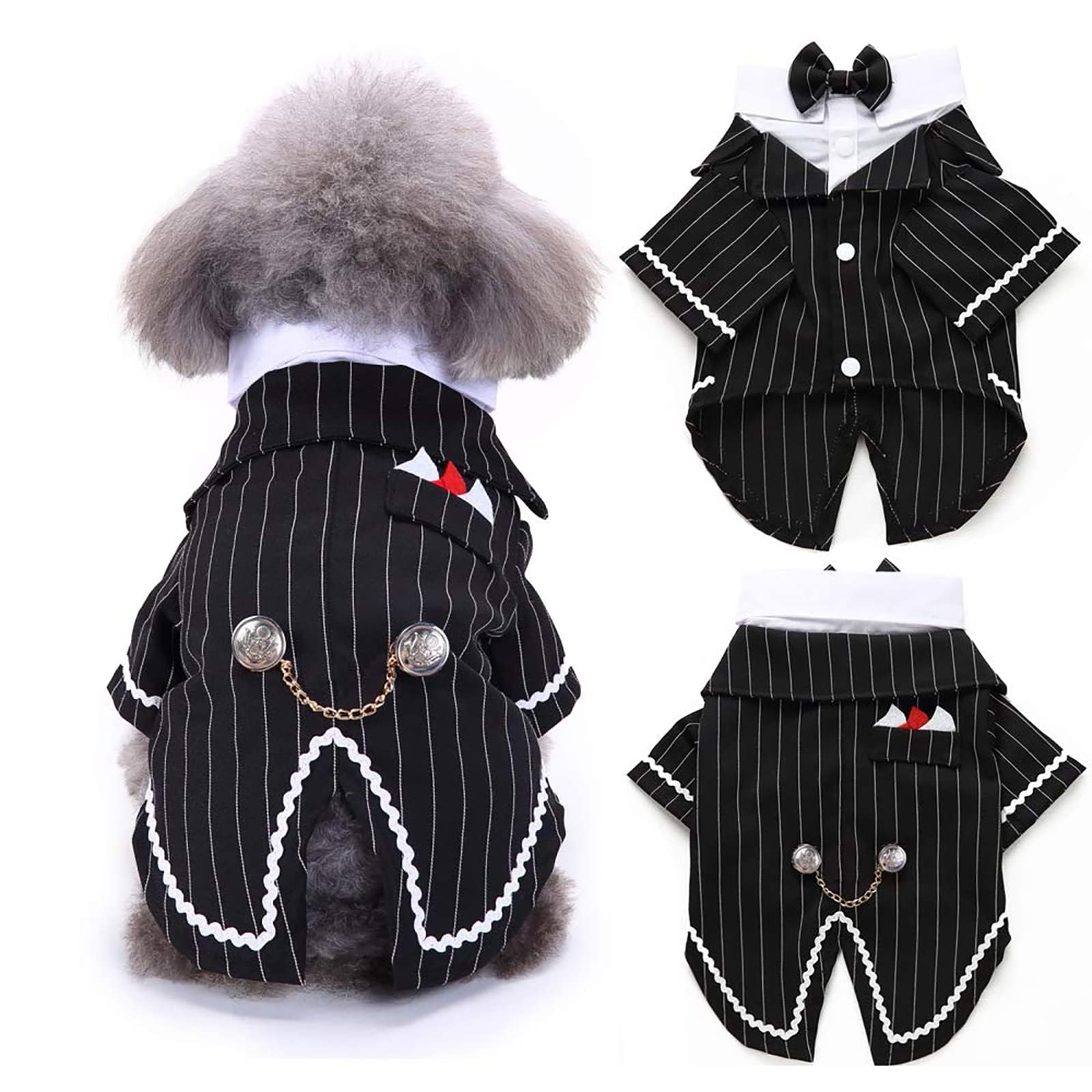 Photo 1 of DENTRUN Dog Tuxedo Suit with Bow Tie - Formal Black & White Striped Pet Costume Shirt, Elegant Wedding Outfit Birthday Party Attire for Chihuahua Yorkie Shih Tzu Pomeranian Small Dogs, S