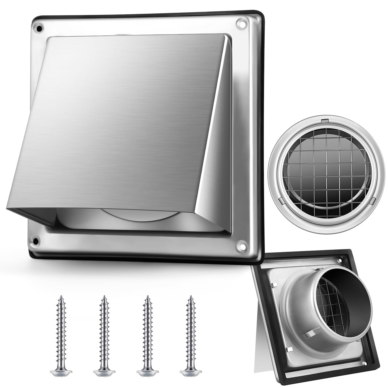 Photo 1 of Gisafai Dryer Vent Cover Outside Walls External Extractor Fan Exhaust Vent Cap Stainless Steel Hood Cushioned Non Return Flap with Sealing Gasket Grille Screen(6'',Silver)