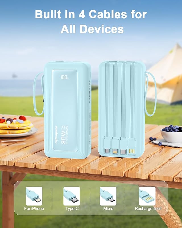 Batterie externe 27 000 mAh avec 4 câbles intégrés, fonction de charge