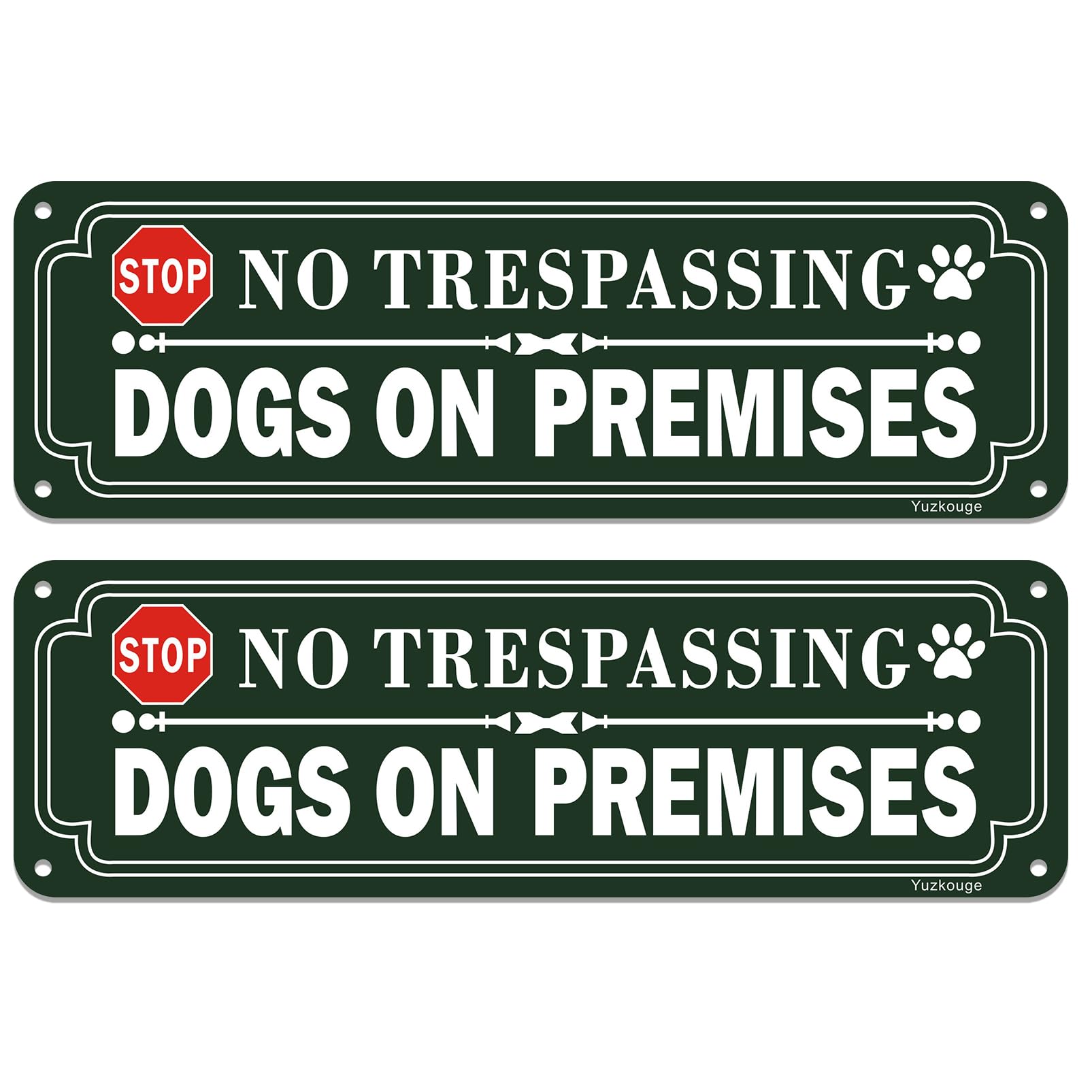Yuzkouge No Trespassing Dogs On Premises Sign - 2 Pack, 10” x 3” Rust Free Aluminum Yard Sign, Weatherproof, Fade Resistant, Easy Mounting.