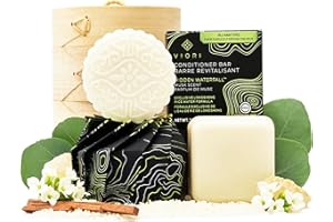 Viori Hidden Waterfall Shampoo and Conditioner Bar Set and Bamboo Holder - Made with Rice Water for Hair Growth - Handcrafted Sulfate Free Shampoo and Conditioner
