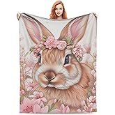 Flannel Rabbit Blankets Gifts - Pink Flower Bunny Throw Blanket for Girls Kids, Sofa Couch Bed Living Room, Soft Warm Cozy Decor, 60" x 50"