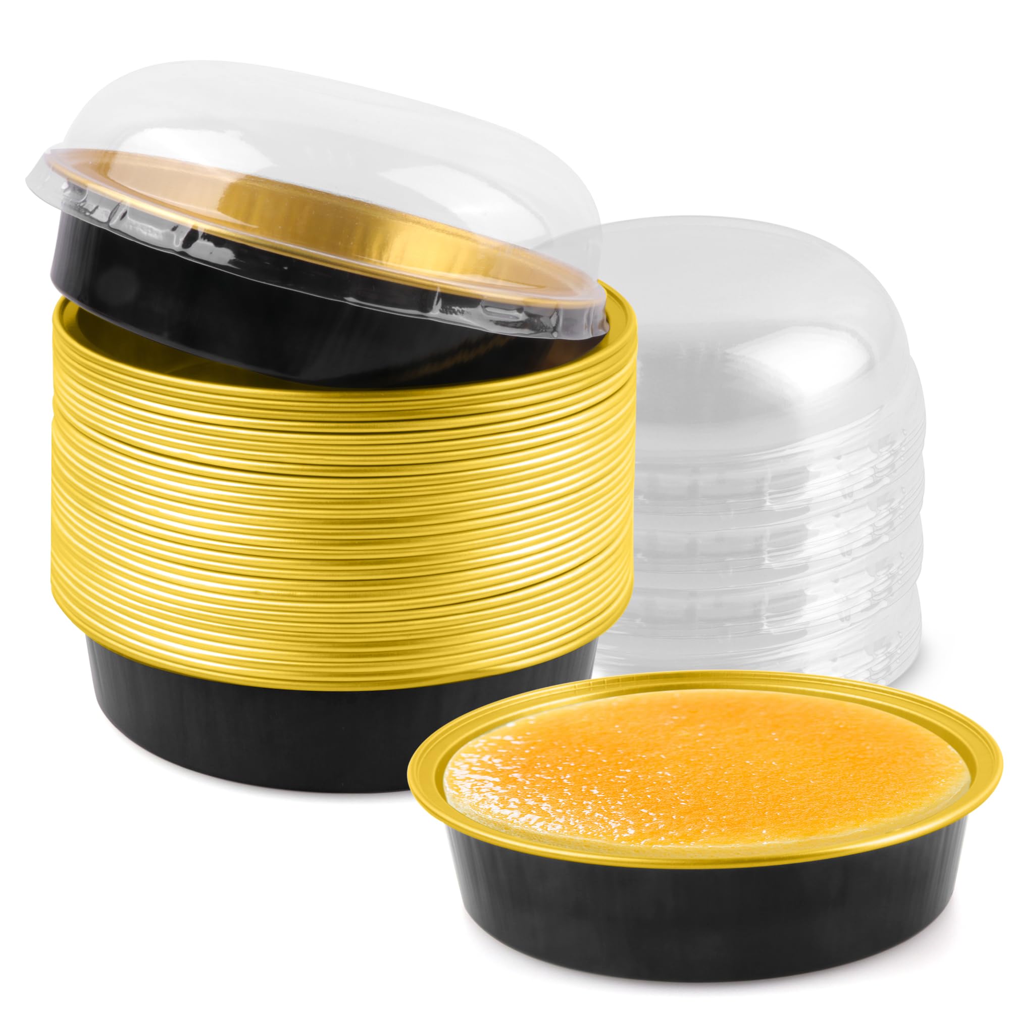 Photo 1 of 25 Pack Disposable 4 Inch Mini Pie Tins with Lids 8 Oz Golden Aluminum Pie Pan Tins for Baking Tarts, Cakes, and Quiche Ideal for Parties and Weddings-black
