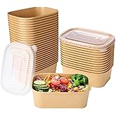 Belinlen 50 Pack 25oz Disposable Kraft Paper Bowls with Lids, Rectangle Paper Food Containers with Lids, Salad Bowls for Hot/