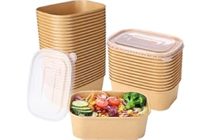Belinlen 50 Pack 25oz Disposable Kraft Paper Bowls with Lids, Rectangle Paper Food Containers with Lids, Salad Bowls for Hot/