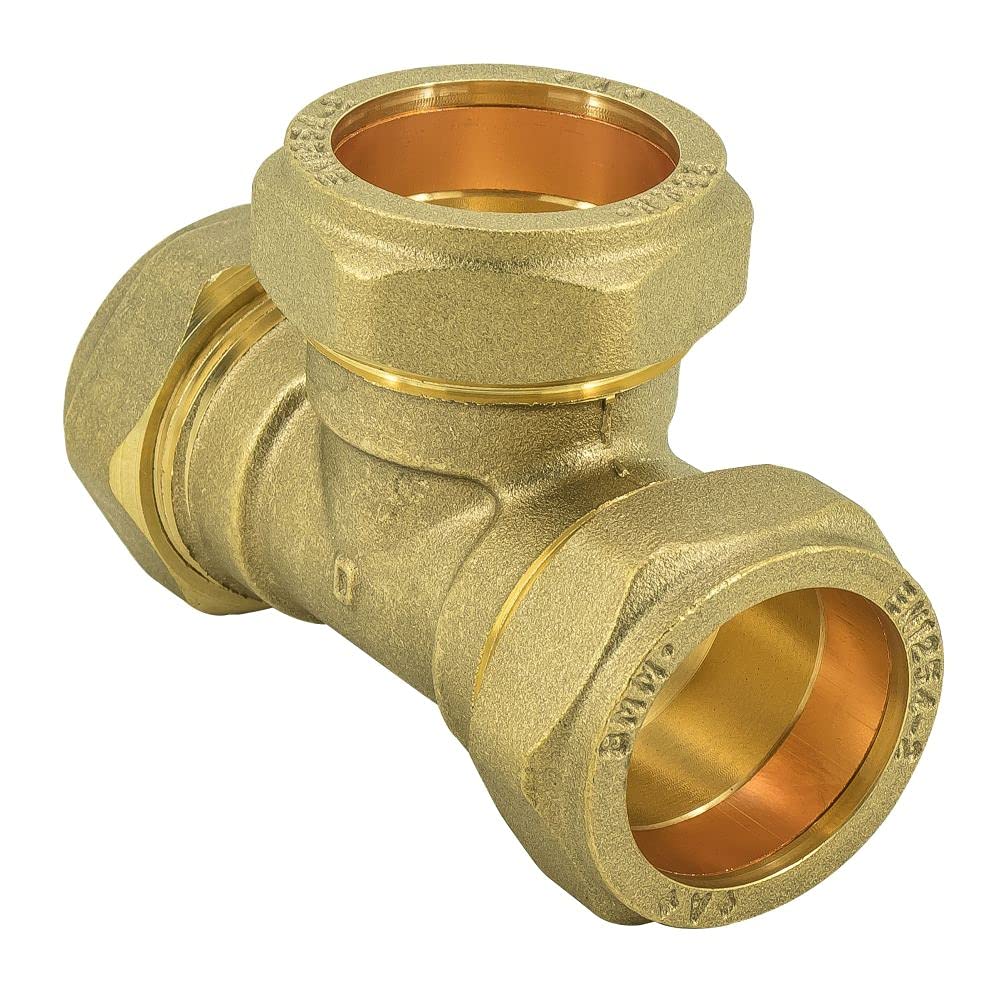 Wärmer System Compression Equal Tee Fitting, Brass Construction with Carbon Steel Components, 15mm Connection Size, Gold