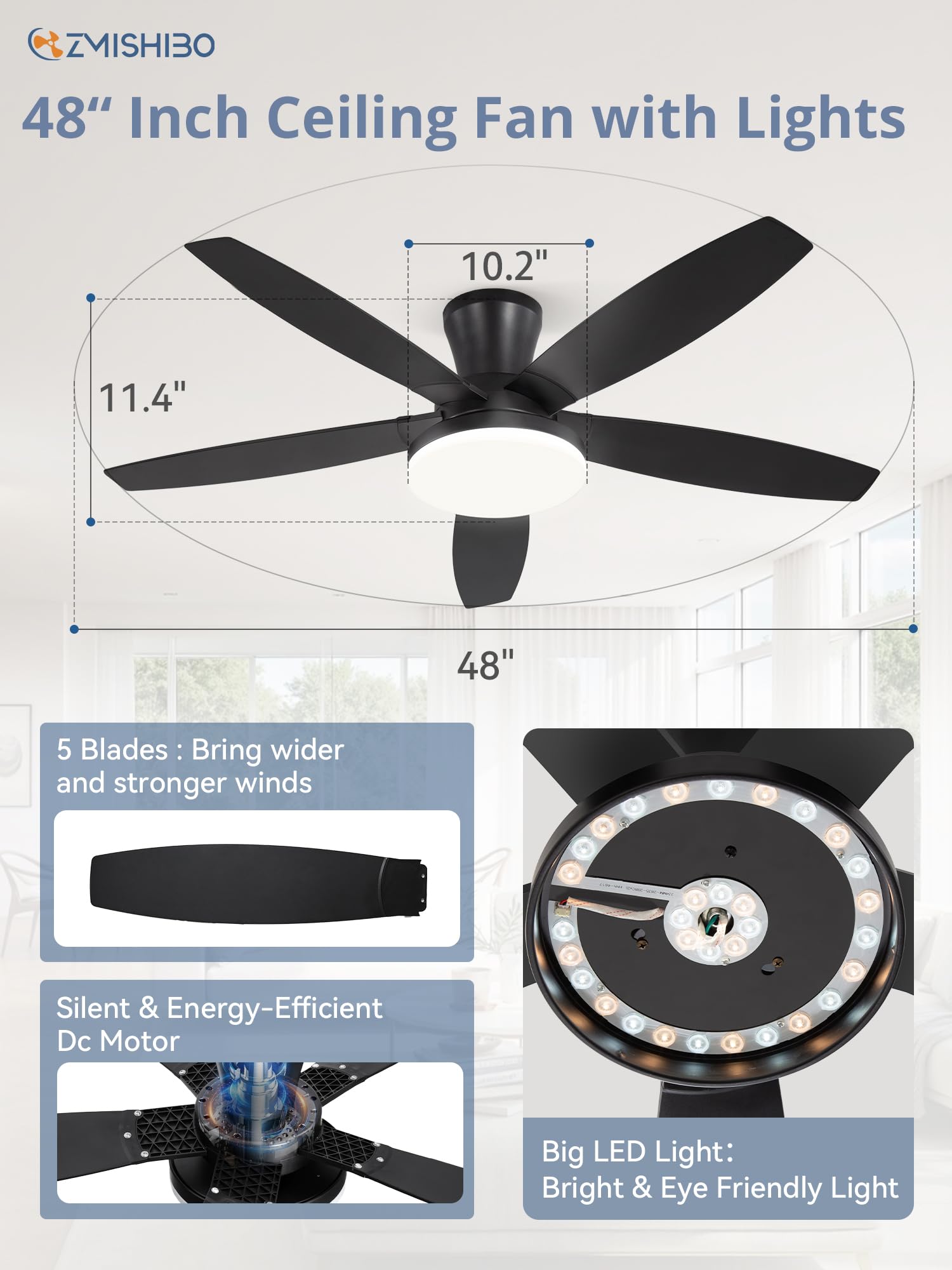 ZMISHIBO 48 inch Ceiling Fans with Lights and Remote/APP Control,Black Low Profile Ceiling Fan with Light,Quiet DC Motor,LED Dimmable, Modern Flush Mount Ceiling Fan for Bedroom Indoor/Outdoor Patio