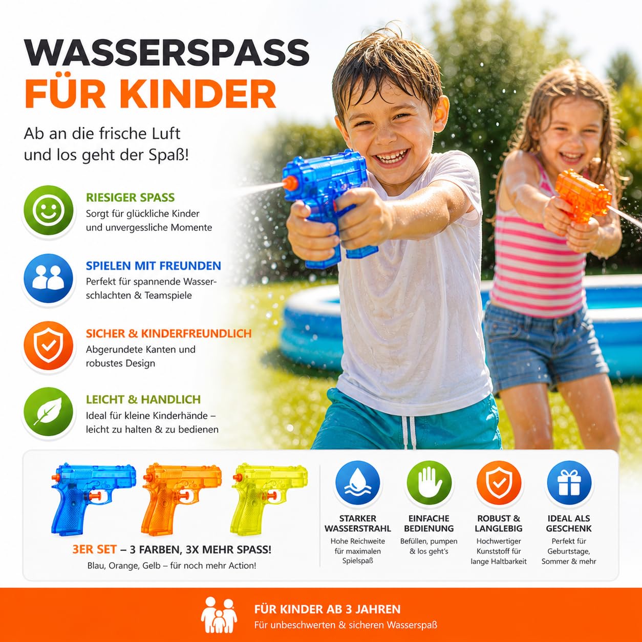 3er Wasserpistolen Set - ca. 12 cm mit großer Reichweite Wasserspritzpistole Spritzpistole klein mini für Kinder 4