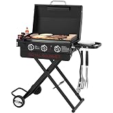 Royal Gourmet PD3001 3-Burner Propane Gas Griddle with Collapsible Stand | 23-Inch Portable Griddle with Side Table | 25,500 BTU Output, 314 Sq.In. Cooking Area | for Camping Tailgating Backyard Patio