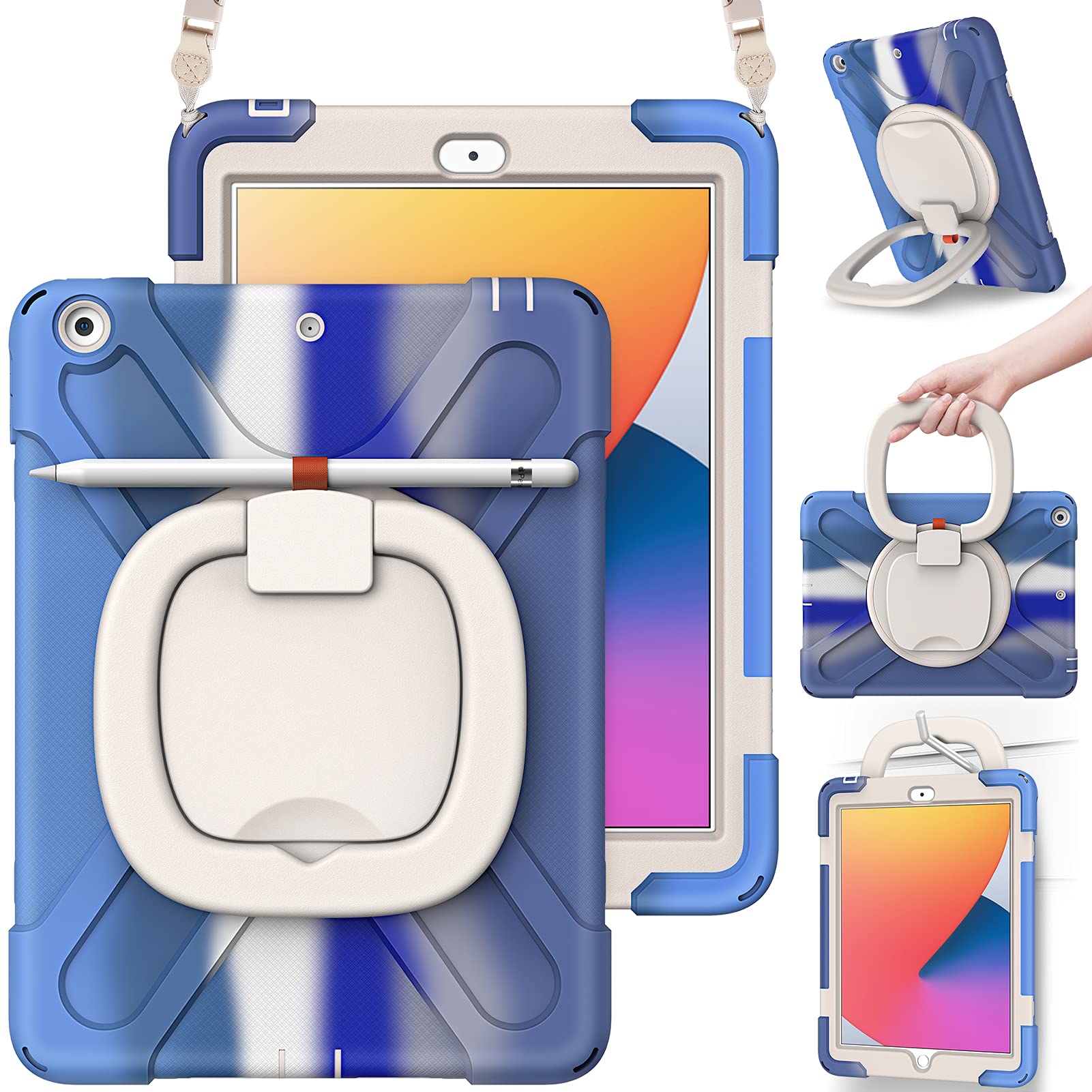 KENOBEE Case for iPad 9th/8th/7th Generation 10.2 Inch 2021/2020/ 2019, 360° Rotating Handle-Kickstand Rugged Shockproof Kids Cover with Built-in Screen Protector& Shoulder Strap & Pencil Holder