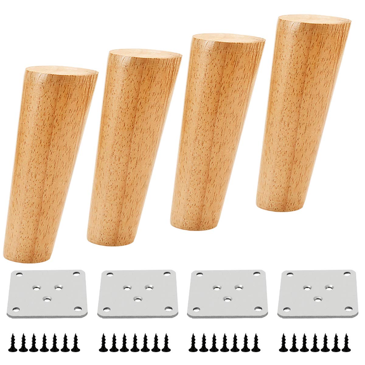 Qrity 4 PCS Wooden Furniture Legs, Oblique Tapered Replacement Sofa Feet 15CM Height with Non-slip Mat, Screws & Mounting Plate