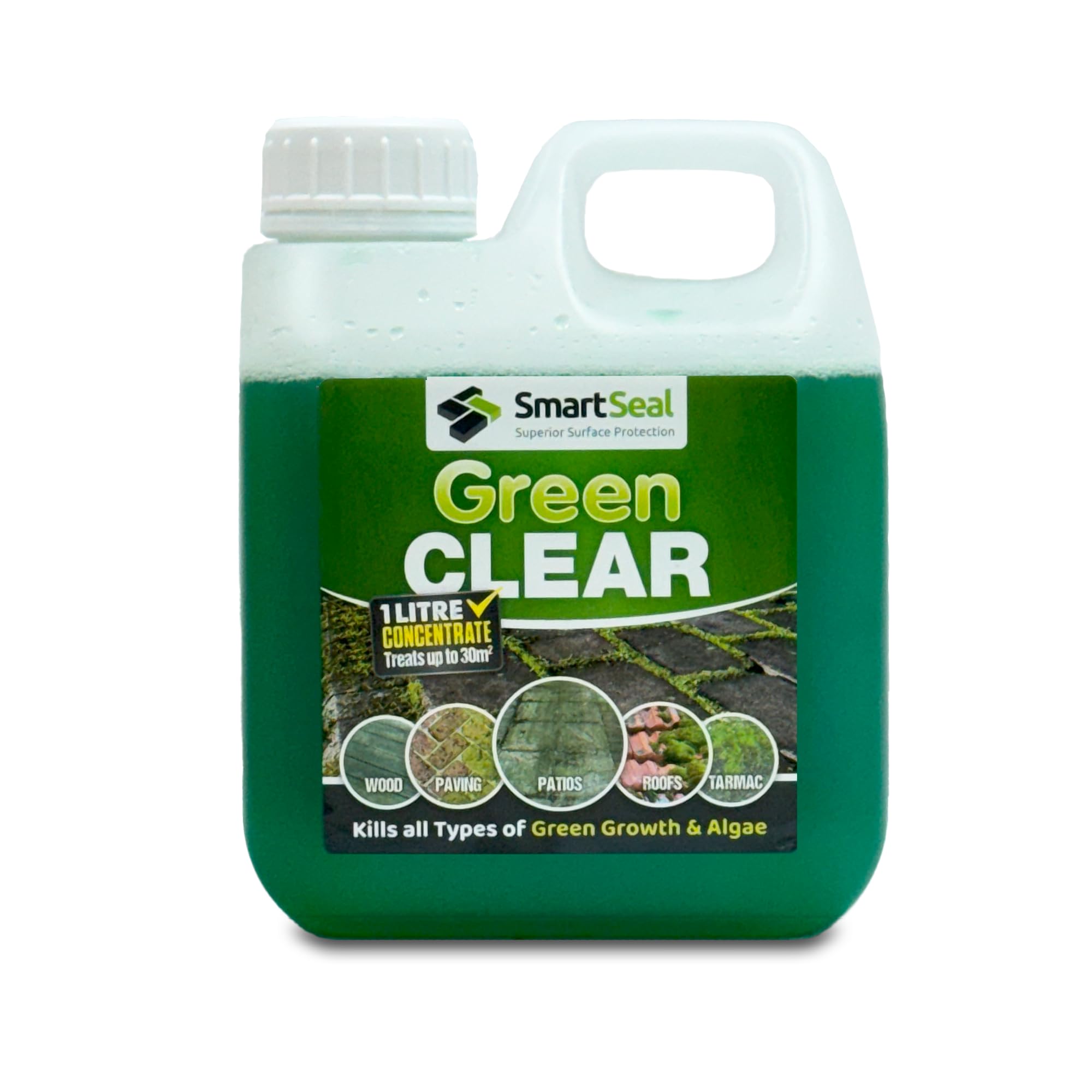 SmartSeal Green Clear - 1L - Spray and Leave Patio Cleaner & Roof Cleaner - Patio Mould Remover & Green Algae Remover for Roofs, Tarmac, Render, Decking, Brickwork & Concrete - Covers up to 30m²