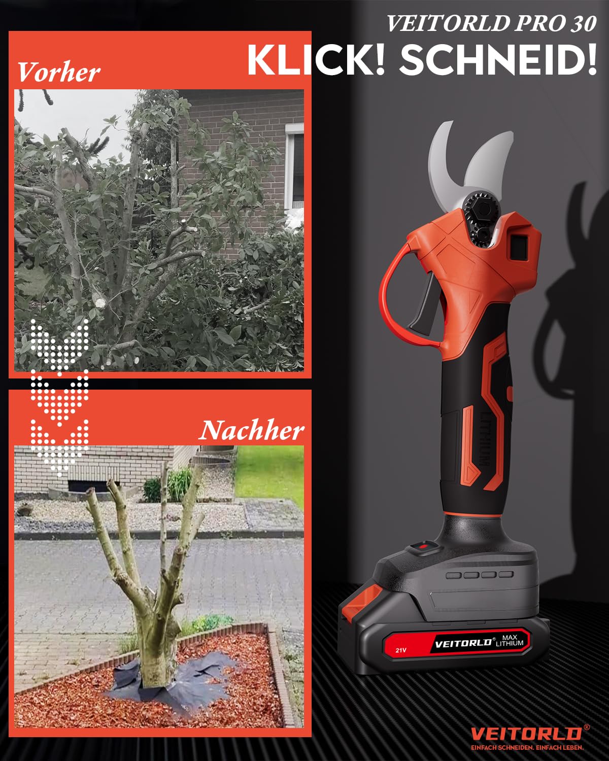 Akku Astschere, 30MM Gartenschere mit 2 Akku 2000mAh, 1000W Bürstenloser Motor Bypass Baumschere, Elektrisch Garten Schere mit LED-Schnittzählerm -Geschenke für Männer Papa Mama Frauen 6