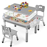 TODEFULL Kids Table and Chairs Set Large Storage, Height Adjustable | Toddler Activity Table and 2 Chairs Set, 34.6x24.8" Graffiti/Block Building Desktop, 4 Side Box, Kids desk for Home Preschool