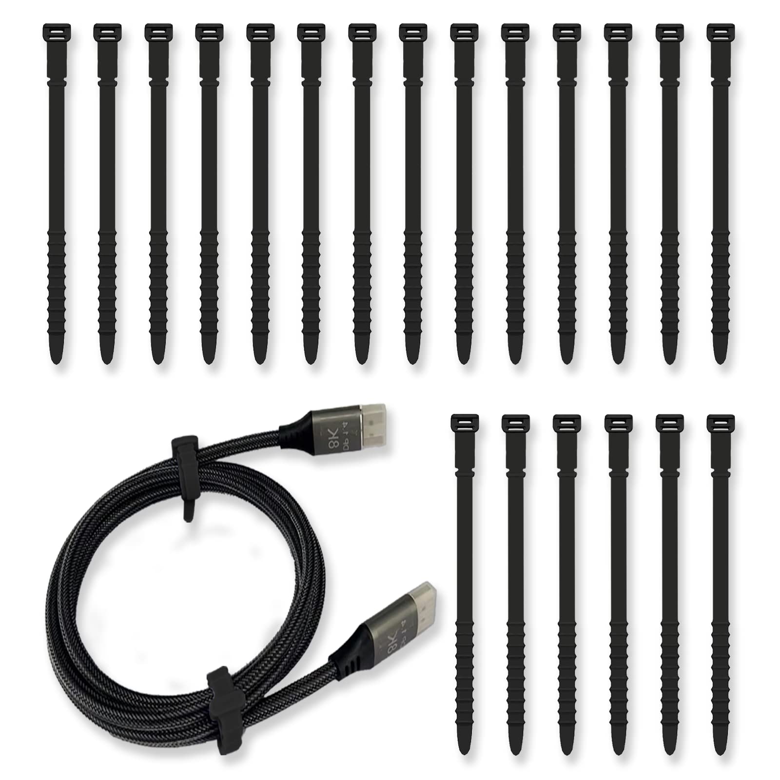 Silicone Cable Ties 7inch Reusable Cable Ties, 20pcs Reusable Zip Ties Elastic Silicone Cord Organizer Straps Ties for Charging Cables USB Cables Earphones Cable Audio(18cm, 20pcs, Black) — image 1