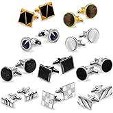 Yinkin 10 Pairs Christmas Cufflinks for Men Classic Tone Cuff Links with Gift Box, Silver Black Striped Disc Square Rectangle Cuff Links Shirt Suit Men's Cufflinks for Wedding Business Elegant Gift