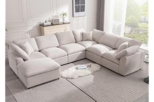Siiejia Modular Sectional Sofa Modern Oversized Cloud Couch with Movable Ottoman 7 Seater L-Shaped Sofas Comfy Couches for Living Room Spacious Space Office Lounge, Beige