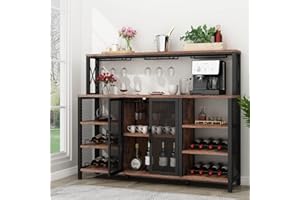 Gyfimoie Bar Cabinet, 55 Inches Kitchen Sideboard Buffet Cabinet with Wine Rack Storage, Industry Coffee Bar Cabinet with Wine Rack and Glass Holder for Liquor and Glasses (Rustic)