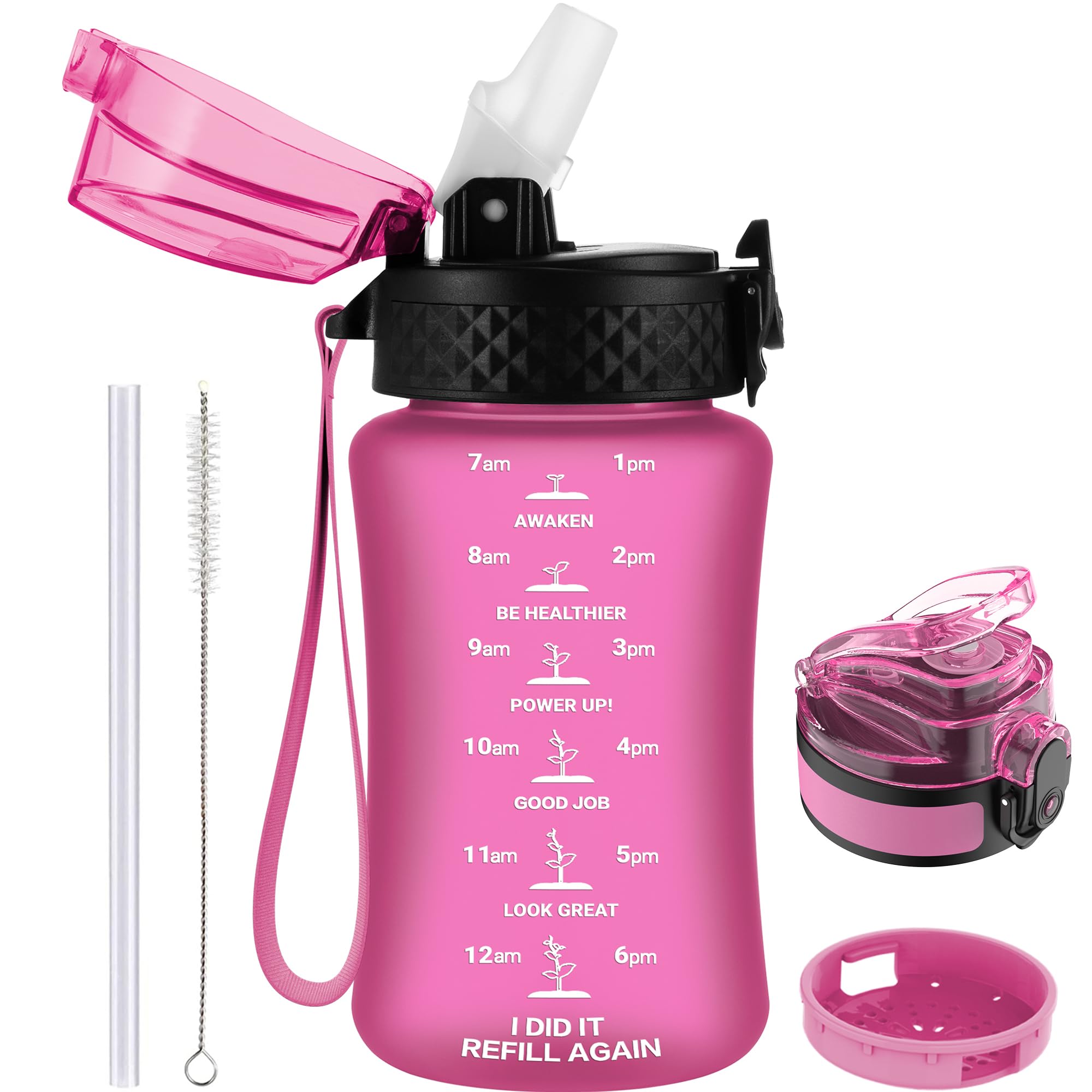 GOPPUS 350ml/12oz Kids Water Bottle With Straw Tritan Drinks Bottle with Strap Small Toddler Juice Bottles with Flip Top Lid Leakproof Children's Cup with Time Marking BPA free Girl Boy (Rose)