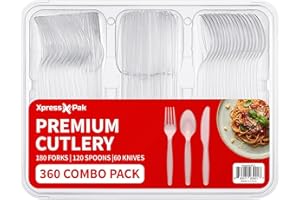 Xpresspak 360-Piece Clear Plastic Cutlery Set – 180 Forks, 120 Spoons, 60 Knives | Heavy Duty Plastic Utensils for Parties, C