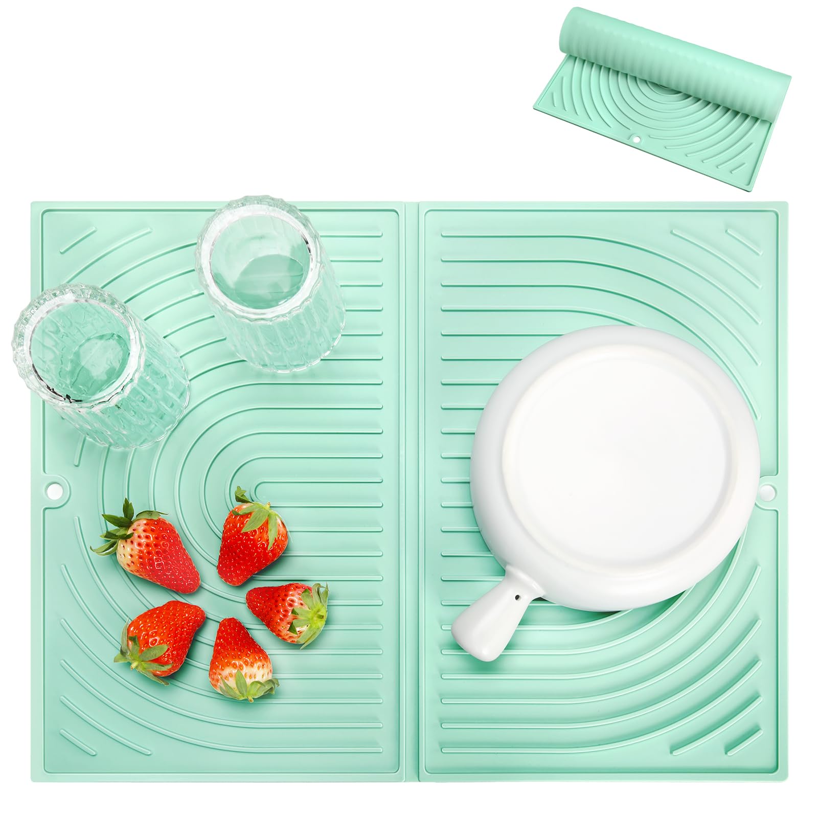 Oamwrae Silicone Dish Drying Mat, Folding Drainer Draining Board Matt for Kitchen Counter, Non-Slip, Quick Dry, Heat Resistant (43×34cm, Green)