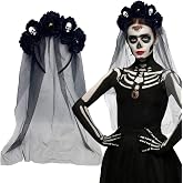 BASEMMAHER Gothic Flower Headband with Veil Day of The Dead Rose Floral Skull Crown Headpiece for Women Halloween Cosplay