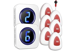 LIKEPAI Elderly Monitoring SOS Button Wireless Caregiver Pager,Call Bell for Elderly/Patient/Disabled one-Touch Help Bell with LED Multi-Zone Digital Display.(6 SOS Waterproof Button & 2 Receiver)…