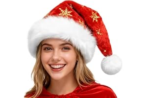 Domkier Santa Hat for Adults - Velvet Plush Sequin Santa Hat with Glitter Snowflakes - Xmas Party Supplies
