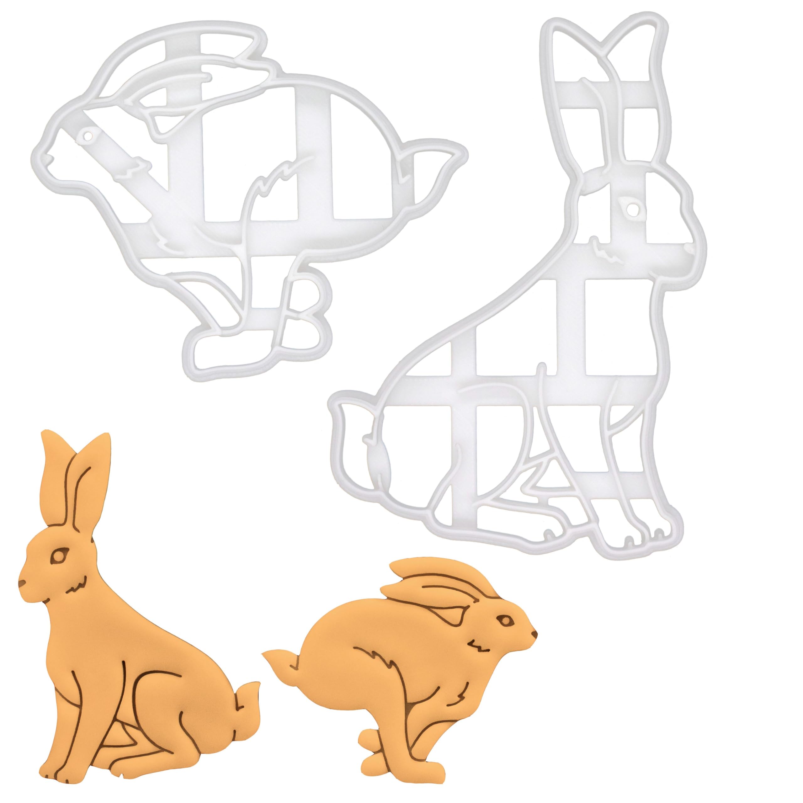 BAKERLOGY Set of 2 Hare Cookie Cutters (Hare Portrait and Hare Running) - Detailed Biscuit Cutter Design for Baking and Crafts, Ideal on Fondant, Dough, Clay