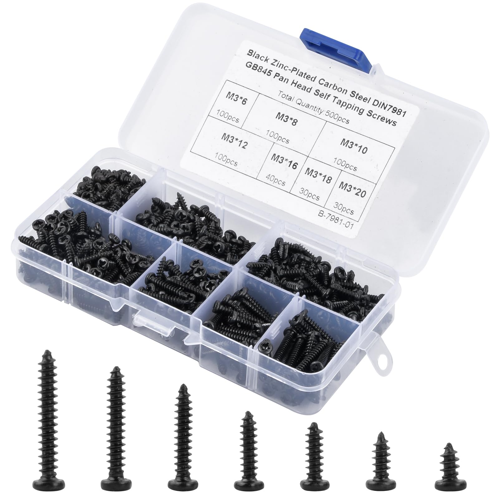 500 Pcs M3 Self-Tapping Screws Black Carbon Steel Screws Phillips Flat Head Micro Screws Round Countersunk Screws Assortment Kit Wood Woodworking Screw Zinc Plated M3x6mm/8mm/10mm 12mm/16mm/18mm/20mm
