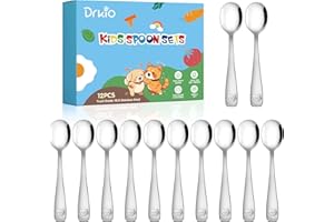 DRKIO Stainless Steel Toddler Spoons Set - 12 Pieces Kids Spoons Set Children Safe Food Grade Kids Silverware Small Spoon Metal Toddler Utensils Dishwasher Safe Mirror Polished