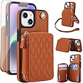 Phone Case for iPhone 14 Plus 6.7 inch Wallet Cell Cover with Tempered Glass Screen Protector Wrist Strap RFID Blocking Card Holder Slot i-Phone 14+ iPhone14Plus 5G i i14 + iPhone14 14Plus Women Brown