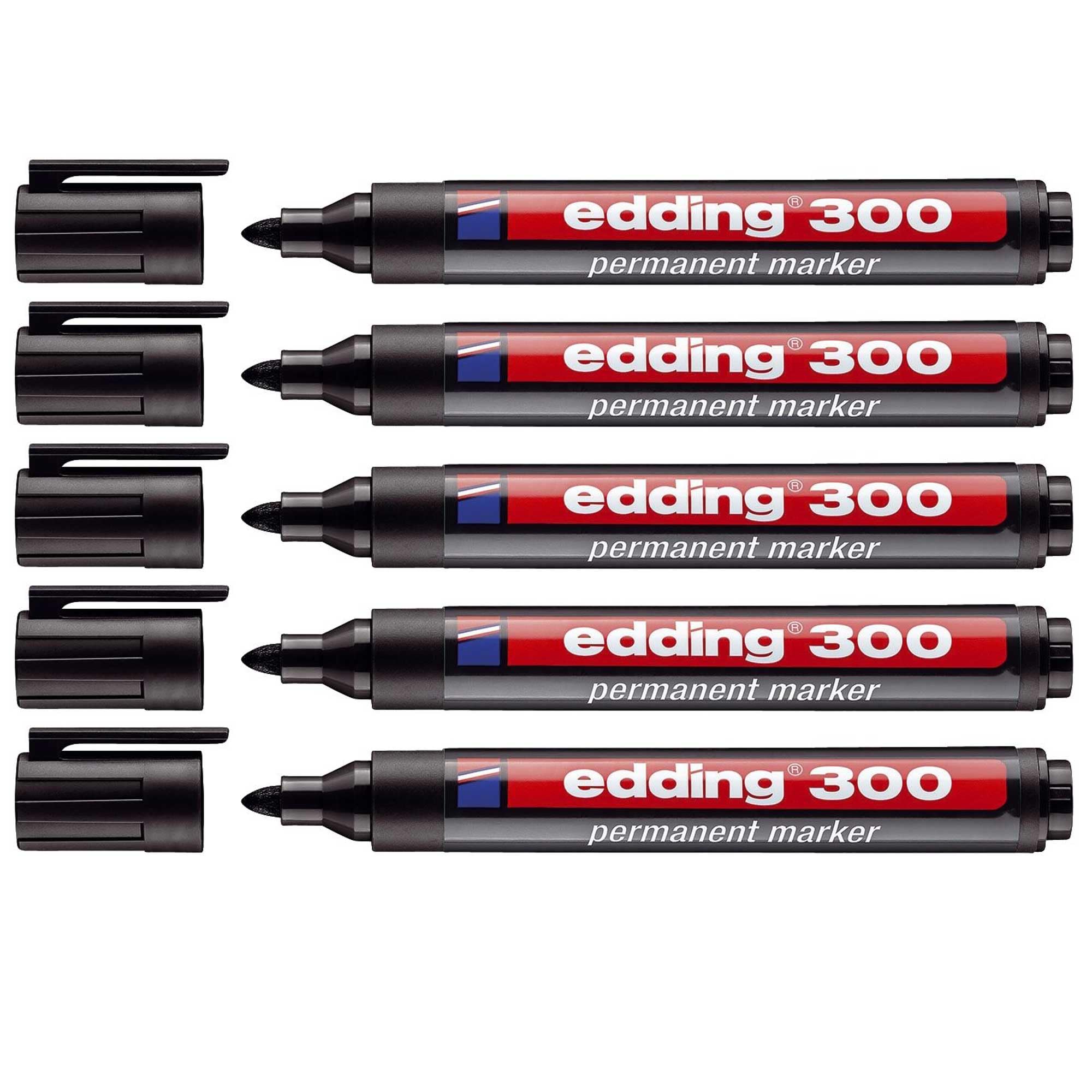 edding 4-300001 300 Industry Permanent Marker - Bullet Tip - Labelling of Cardboard, Metal, Rubber and Glass, Black (1.5-3 mm, Pack of 5)
