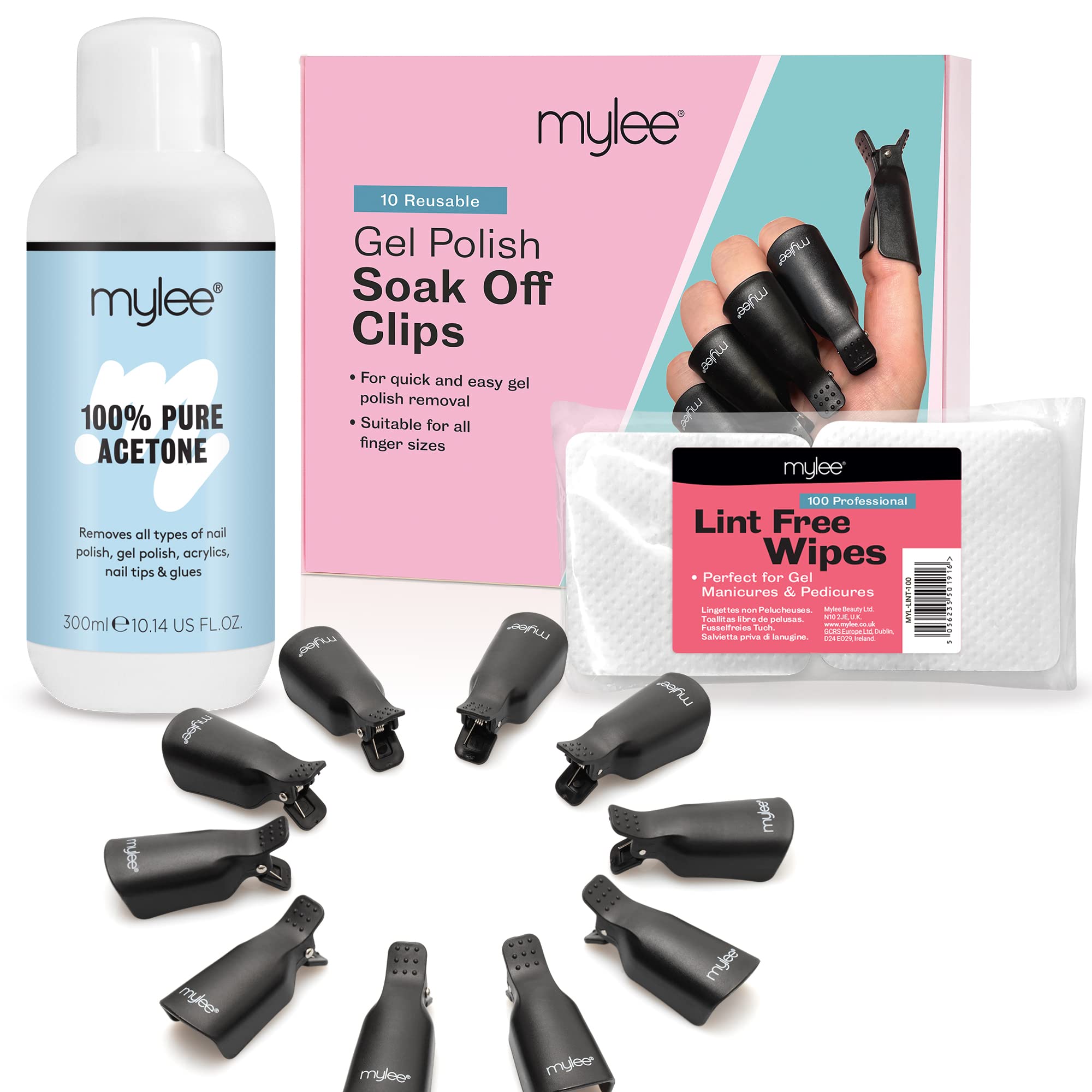 Mylee Gel Nail Polish Remover Set - Pure Acetone 300ml + 100pcs Lint Free Wipes + 10pcs Soak Off Nail Clips - Gel Nail Polish Remover, Removal Pads, Reusable Clips, Manicure Pedicure, Home & Salon Use