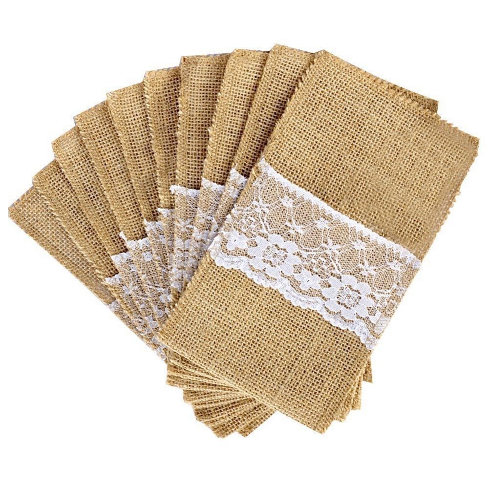 Tmand 50 pcs Natural Jute Cutlery Knives and Forks Cutlery Set Silverware Bag Holder Burlap & Lace Party Wedding Decor, 21x11cm