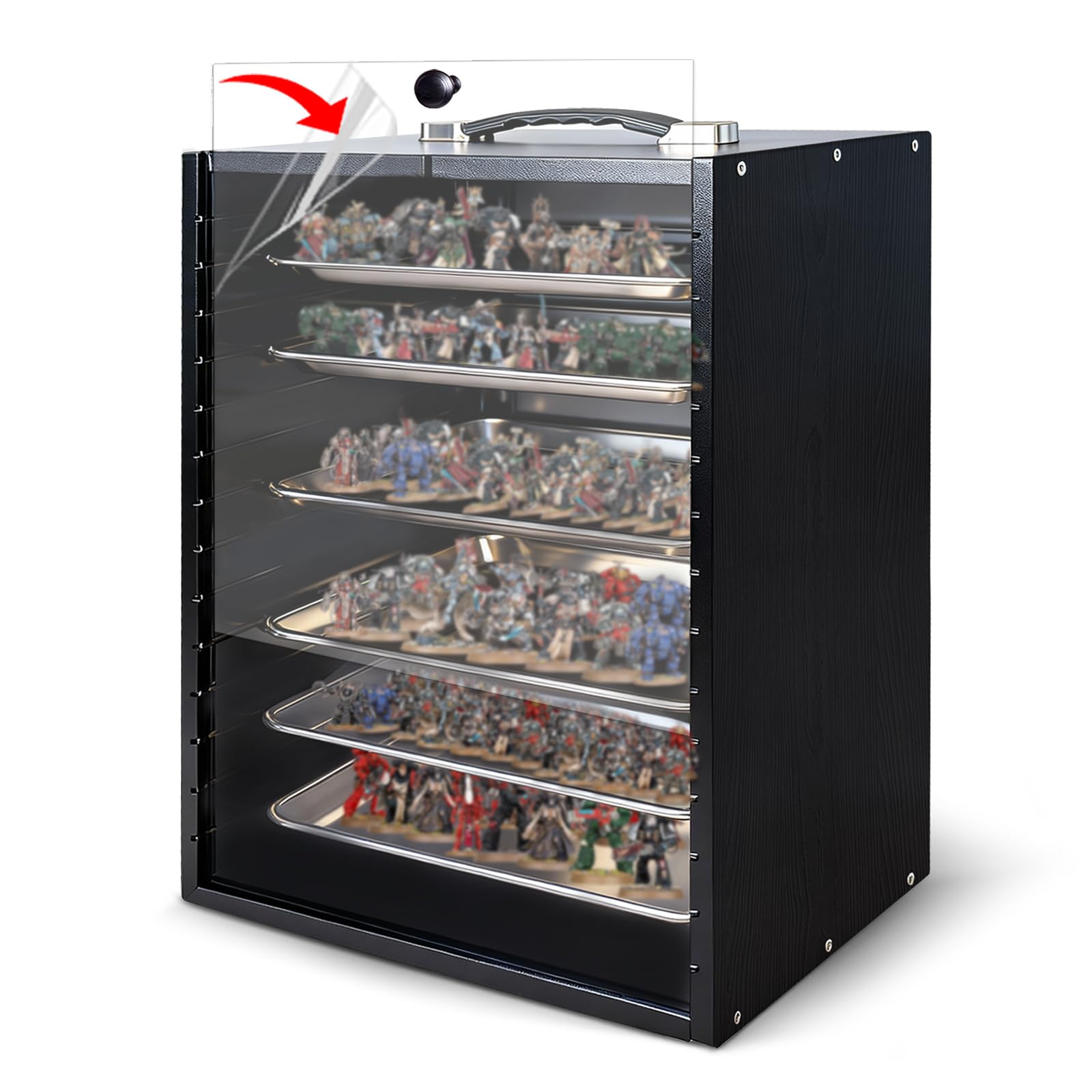 SUNDOY Wooden Miniature Carrying Case with 6 Removable Trays, Miniature Storage & Display Case for Tabletop Miniatures & Collectible Models, Portable Transport Box (Black)