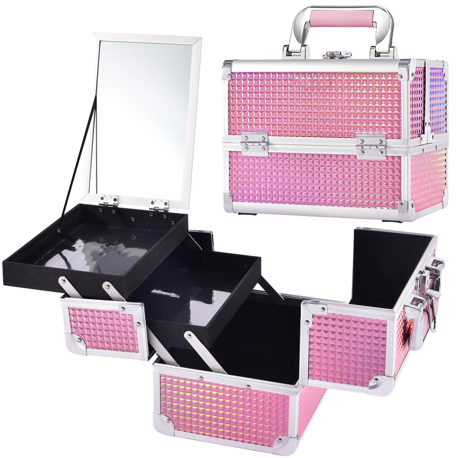 Makeup Case Cosmetics Box Vanity Case Jewellery Storage Cases Makeup Cosmetics Box Vanity Case Jewellery Storage Case with Mirror, Mermaid Pink