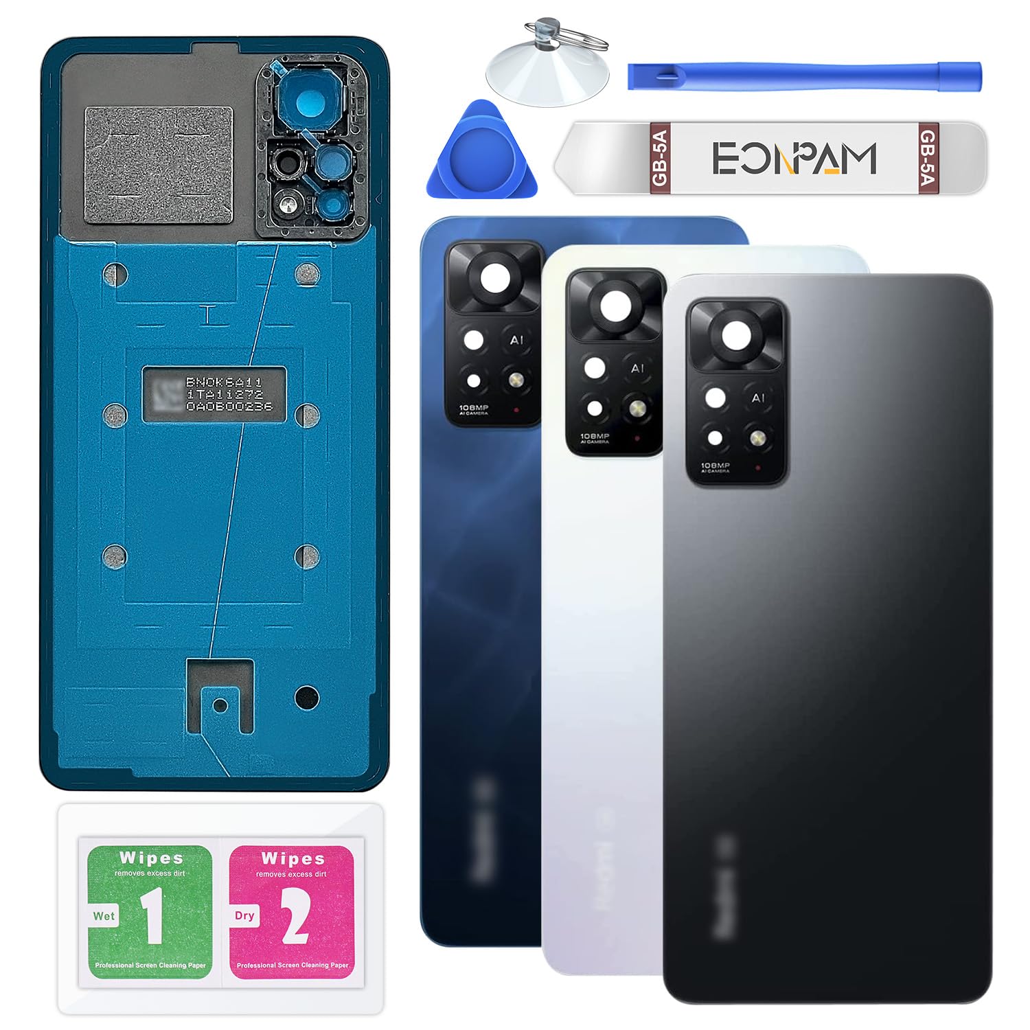 Eonpam Back Cover Glass for Xiaomi Redmi Note 11 Pro 5G Rear Glass Replacement with Camera Lens + Repair Kit Genuine Rear Housing (Black)