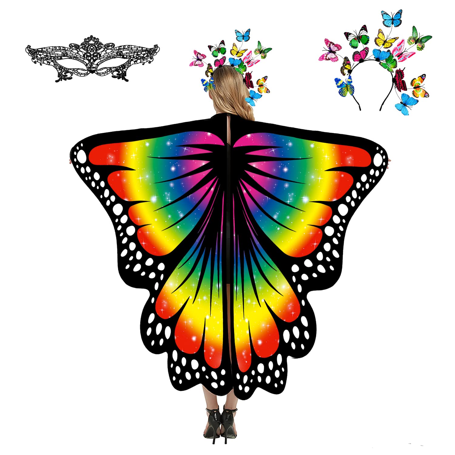 plainshe Butterfly Wings, Fairy Wings for Adults, Butterfly Costume, Halloween Costumes for Women, 3PCS Butterfly Cape Set. (Rainbow Colors 6) — image 1