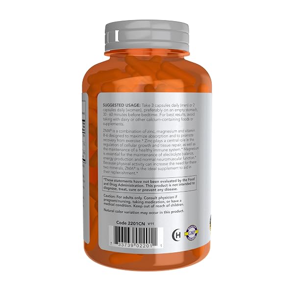 NOW FOODS SPORTS NUTRITION, ZMA (ZINC, MAGNESIUM AND VITAMIN B-6), ENHANCED ABSORPTION, SPORTS RECOVERY*, 180 CAPSULES