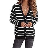 Vrtige Women's Casual Striped Button Open Front V Neck Long Sleeve Knit Lightweight Cardigan Sweater