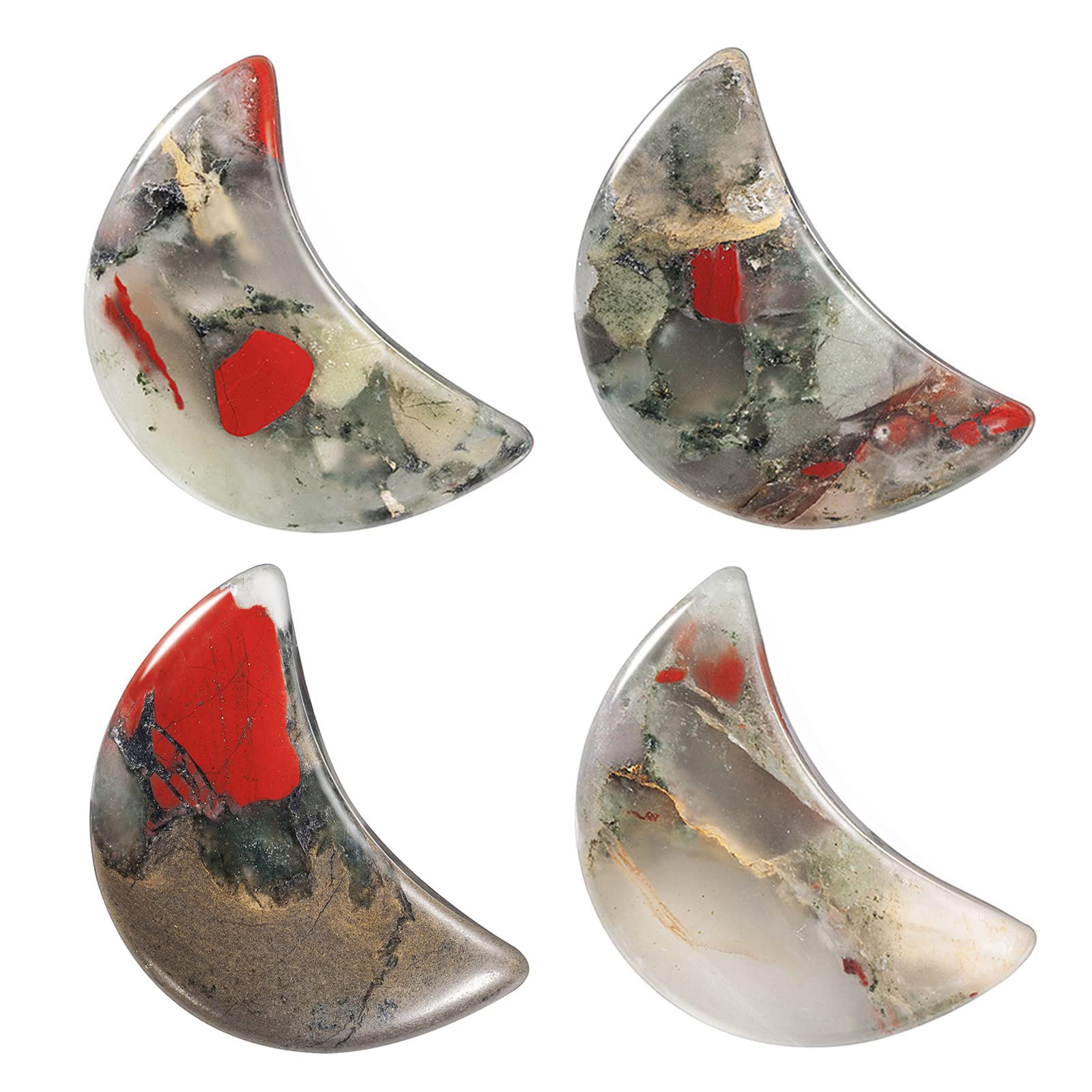 Nupuyai 4pcs Moon Shape Africa Bloodstone Crystal Palm Pocket Worry Stone Set, Polished Reiki Stone for Chakra Healing Jewellery Making Home Decor