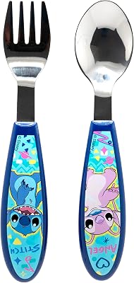 Set 2 Couverts Enfant Stitch Acier Inoxydable Fourchette et Cuillère avec Manche Décoré pour Enfants