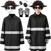 Humairc Spooky Raincoat Halloween Costume Accessories Set for Men & Teen Boys, Reflective Stripe Rain Jacket, Curly Wig, Button-Eye Glasses, Skeleton Gloves, Mysterious Cosplay Dress Up Props