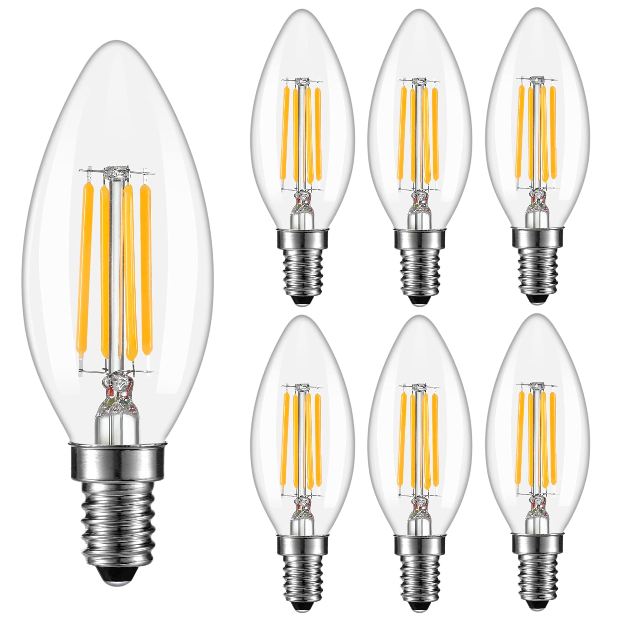 HuikeHuike 6 Pack, E14 LED Dimmable Filament Candle Light Bulbs, LED Bulb 2700K Warm White, 4W C35 Small Edison Screw Candelabra LED Bulb, 40W Incandescent Bulb Equivalent