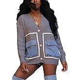 LETSVDO Women's Denim Patchwork Cardigan Sweaters Open Front Color Block Button Down V Neck Chunky Knit Sweater Jacket