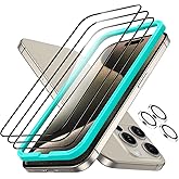 ESR 3+1 Pack for iPhone 15 Pro Max Screen Protector, [9H Hardness] [Military Grade Shatterproof] Full Coverage Ultra-tough Tempered Glass Film, Easy Installation Frame, 1 Set of Camera Lens Protector