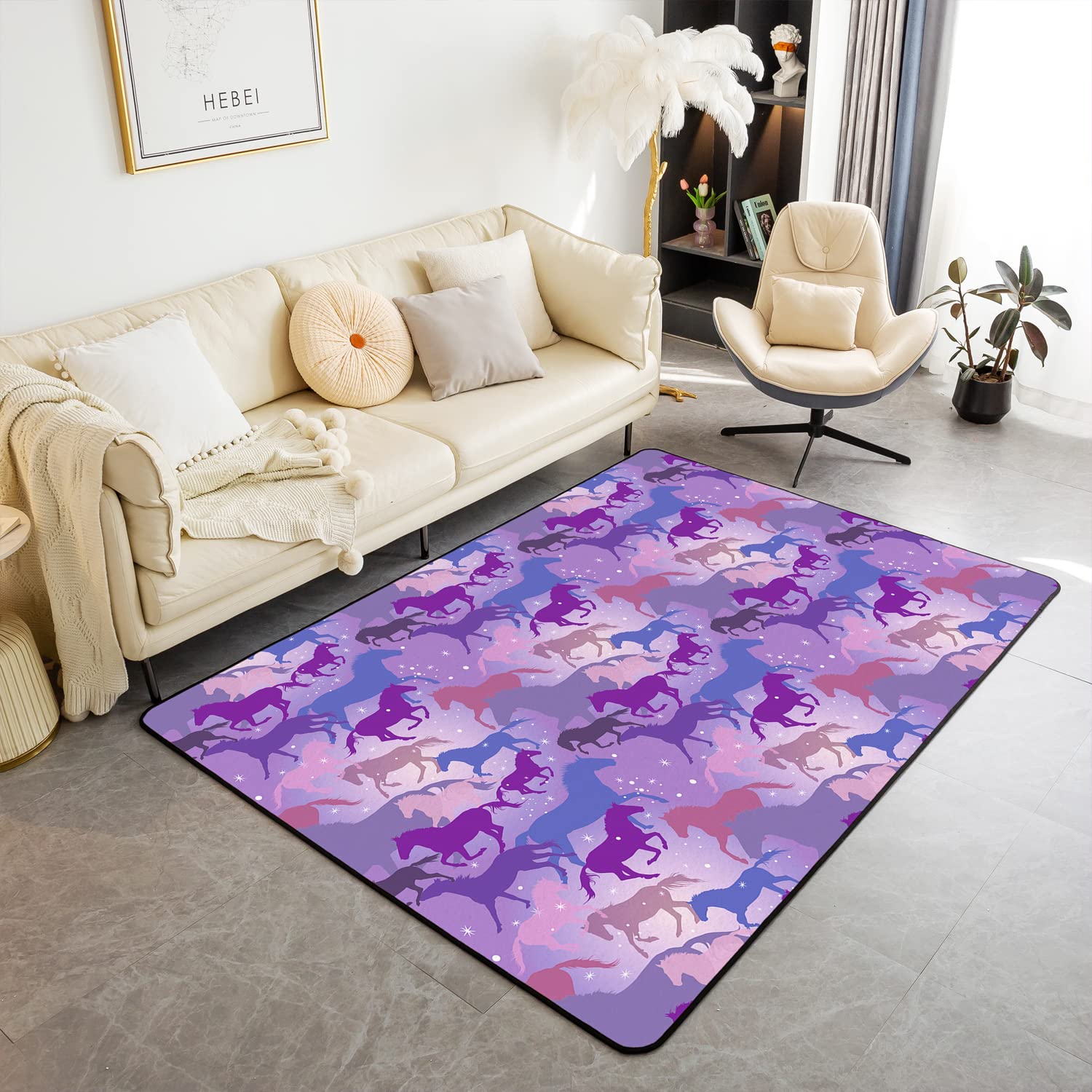 Loussiesd Horse Area Rug Galloping Horse Living Room Rugs for Bedroom Home Decor Cute Animal Decor Carpet Ultra Soft Non-Slip Kawaii Purple Galaxy Indoor Floor Mat 100x150cm — image 1